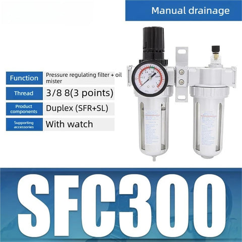 Oil Water Separator FRL Unit for Air Compressor, 2 in 1 Way Filter Regulator Lubricator System, with SFC300 Series