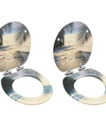 Heavy Duty Dual Pack Toilet Seats Featuring Soft Close Lid Solid MDF Build with a beach design and chrome hinges.