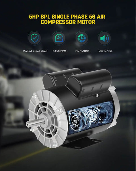 Five Horsepower SPL Air Compressor Motor with 3450 RPM 230 Volt Single Phase 15 Amp 56 Frame in black rolled steel shell