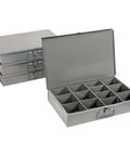 Open view of Durable Steel Compartment Box Rack with Four Adjustable Divider Boxes and Large Slide Shelf, heavy-duty storage.