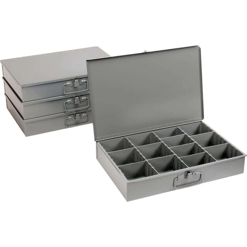 Open view of Durable Steel Compartment Box Rack with Four Adjustable Divider Boxes and Large Slide Shelf, heavy-duty storage.
