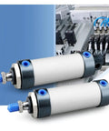 Two aluminum alloy mini pneumatic cylinders with blue end caps, side view