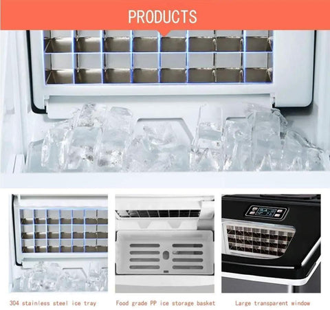 Inside view of Heavy Duty Countertop Ice Maker Cranks Out Fifty Five Pounds Of Fresh Cube Ice Daily With Ridiculously Fast Twelve Minute Batch And Zero Drama Auto Clean System showing ice tray and storage.
