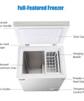 3.5 Cubic Feet Deep Chest Freezer With Adjustable Thermostat Compact Freestanding Mini Freezer In Black interior view with components labeled.