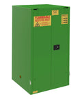 Heavy Duty Double Wall Steel Pesticide Storage Cabinet With 60 Gallon Capacity And Secure Three Point Lock For Safe Hazardous Chemical Containment, green exterior.