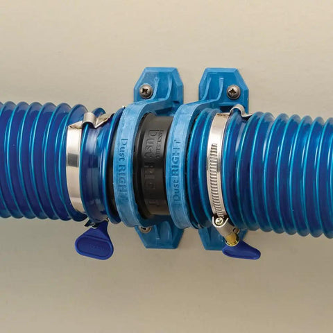 Dust Right Ready-Mount 2.5 Inch Vacuum Hose Fitting Brackets with interlocking teeth and blue ribbed hose installed on wall.