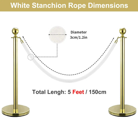 Lux Velvet Stanchion Rope White With Gold Hooks Five Foot Crowd Control Barrier dimensions diagram