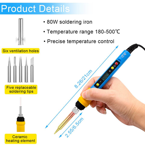 Beast DIY 80W Soldering Gun Kit With Adjustable Temperature from 180 to 500 Celsius, hand holding soldering iron, tips visible