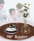 36 Inch Rotating Lazy Susan Serving Tray with food bowls on solid wood turntable, showcasing 360-degree rotation feature.