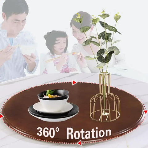 36 Inch Rotating Lazy Susan Serving Tray with food bowls on solid wood turntable, showcasing 360-degree rotation feature.