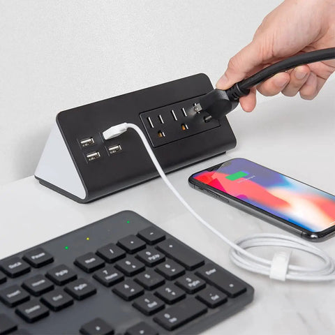 Totally Slick Two Pack Desk Edge Mount Power Strip With Four USB Ports And Three AC Outlets For Home Office Computer Setup featuring a user plugging in a cord.