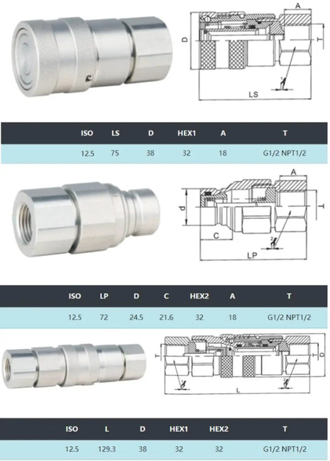Beefy Half Inch Hydraulic Flat Face Quick Connect Couplers For Heavy Duty Fittings And Hydraulic Tooling ISO 16028 ISO 12.5 Compatible Male And Female Sides Skid Steer Hydraulics Connector Industrial Grade Fitting, diagram view