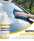 Windshield Chip Repair Kit 20ml Resin Liquid bottle with person using blue cloth on auto glass, Rapid Cure Adhesive Sealant