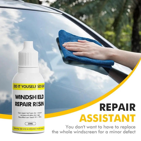 Windshield Chip Repair Kit 20ml Resin Liquid bottle with person using blue cloth on auto glass, Rapid Cure Adhesive Sealant