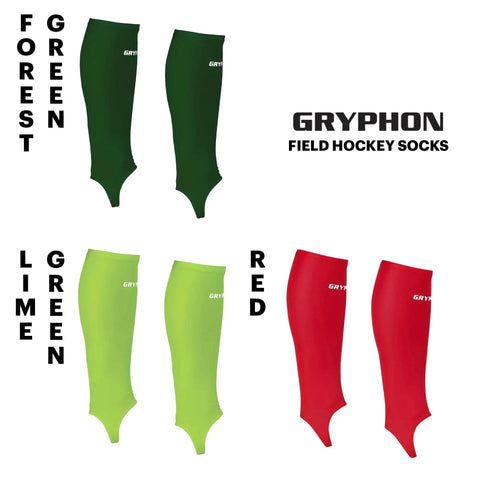 Footless Shinguard Socks For Field Hockey And Soccer Athletes with Breathable comfort, in green, lime green, and red.