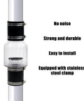 1-1/2 inch sump pump check valve with clear plastic body and stainless steel clamps on a vertical pipe