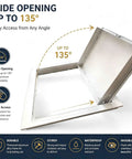 Heavy Duty Aluminum Alloy Attic Access Door With Slick Paintable White Finish And Rock Solid Twist Latch For Easy Peasy Ceiling Hatch Install And Quick Emergency Access Throughout Your House, open at 135 degrees.