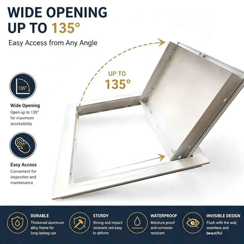 Heavy Duty Aluminum Alloy Attic Access Door With Slick Paintable White Finish And Rock Solid Twist Latch For Easy Peasy Ceiling Hatch Install And Quick Emergency Access Throughout Your House, open at 135 degrees.