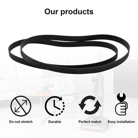 Replacement Belts For Dual Power Max Carpet Vacuum Cleaner Compatible With FH51000 FH51001 FH51002 FH51010 FH54010 FH51000RM FH51000NC FH54000 Easy To Install Durable Pack Of 2 showing two black vacuum belts with icons for durability, compatibility, and easy installation.