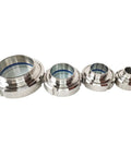 Set of four 304 stainless steel sanitary weld sight glasses with blue PTFE gaskets and glass viewing windows.