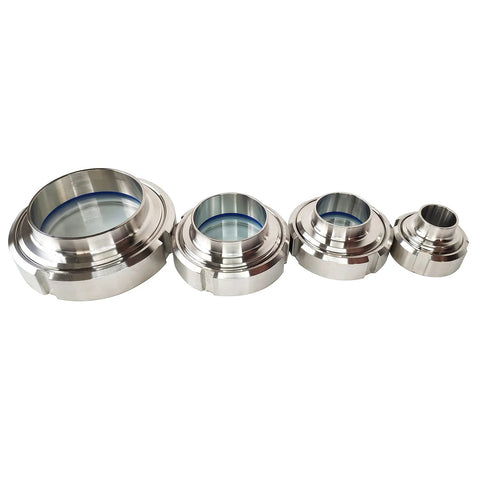 Set of four 304 stainless steel sanitary weld sight glasses with blue PTFE gaskets and glass viewing windows.