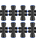 Eight Piece One Quarter Inch Drip Irrigation 6 Way Splitter Connector Kit for DIY lawn and garden setup, black fittings