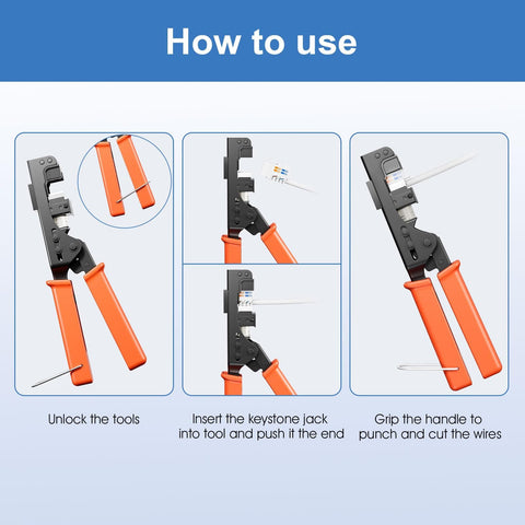 Step-by-step guide using 90 Degree Angled Speed Termination Keystone Tool For RJ45 Keystones, Ethernet Punch Down Kit.
