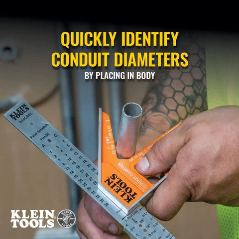 Close-up of 935CSEL Magnetic Combo Square Ruler For Electricians And Carpenters measuring conduit diameter with ruler and level tool.