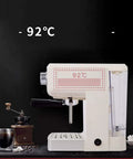 Side view of beige Semi Automatic Electric Coffee Machine With Espresso Foam Milk Frother For Home Use Boss Level Barista Quality Brews 1050W 110 To 240V Compact Countertop Ready.