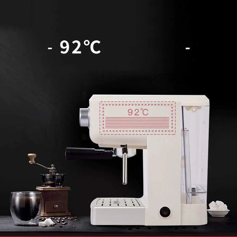 Side view of a Semi Automatic Espresso Coffee Machine With Built In Milk Frother For Home Use, beige color