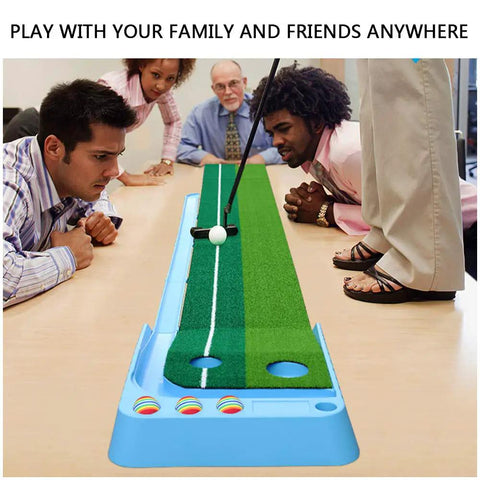 Portable Mini Putting Green Mat With Ball Return System For Home, Office And Backyard on office table with people playing
