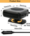 200W 12V Car Heater And Cooler Plugs Right Into Your Cigarette Lighter For Snappy Windshield Defrost And Anti Fog Visibility compact design with 360 rotation dimensions