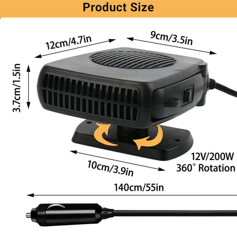 200W 12V Car Heater And Cooler Plugs Right Into Your Cigarette Lighter For Snappy Windshield Defrost And Anti Fog Visibility compact design with 360 rotation dimensions