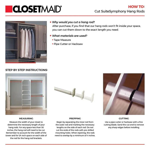 Cutting instructions for hang rods with tools like pipe cutter, featuring SuiteSymphony hang rods for custom closet solutions.