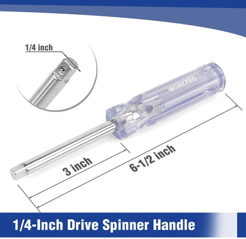 1/4-inch drive spinner handle with 6-1/2 inch length, close-up of drive tip, clear blue handle showing internal mechanism.
