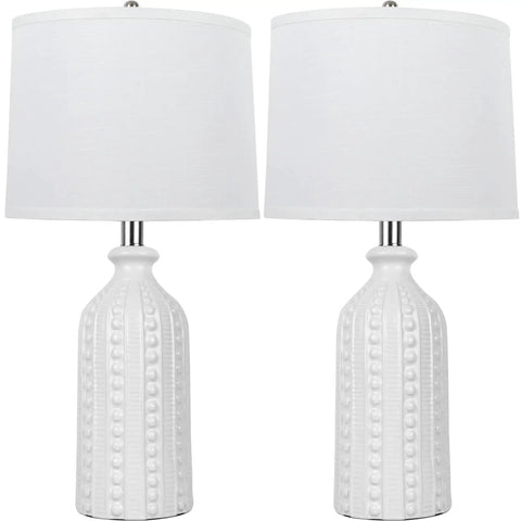 Set Of 2 White Ceramic Table Lamps 24.5 Inches Tall 3 Way Dimmable Bedside Lights With White Drum Shade Modern Nightstand Lamps For Bedroom Or Living Room Bulbs Included, displayed together on a white background