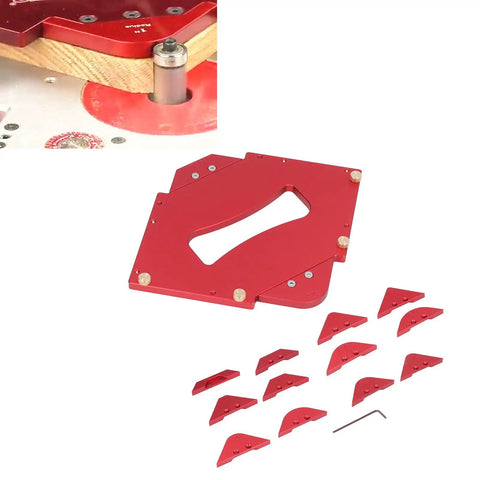 Pro Grade Router Table Corner Jig And Radius Template Kit For Hustling Carpenters includes heavy duty red aluminum base and 12 templates.