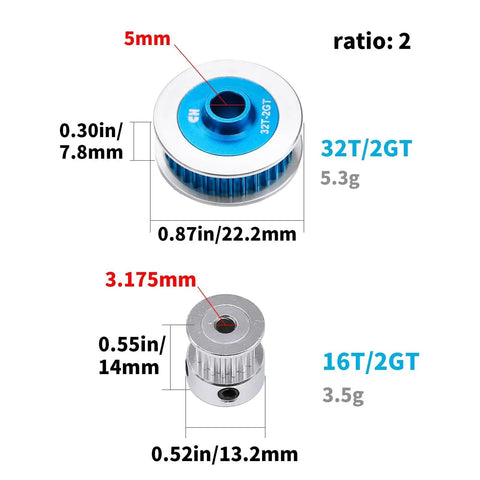 32T and 16T pulleys for Belt Drive Transmission Kit For 1 By 10 On Road RC Cars, blue aluminum with size dimensions displayed