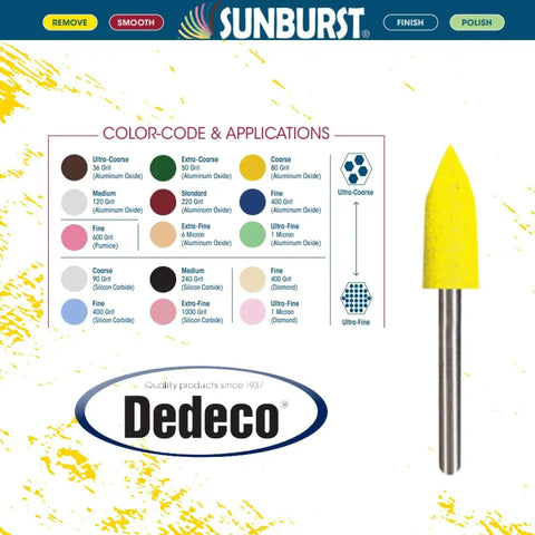 Sunburst Rotary Tool Points 1 16th Inch 138 Points, Yellow Aluminum Oxide Coarse 80 Grit shown with color chart