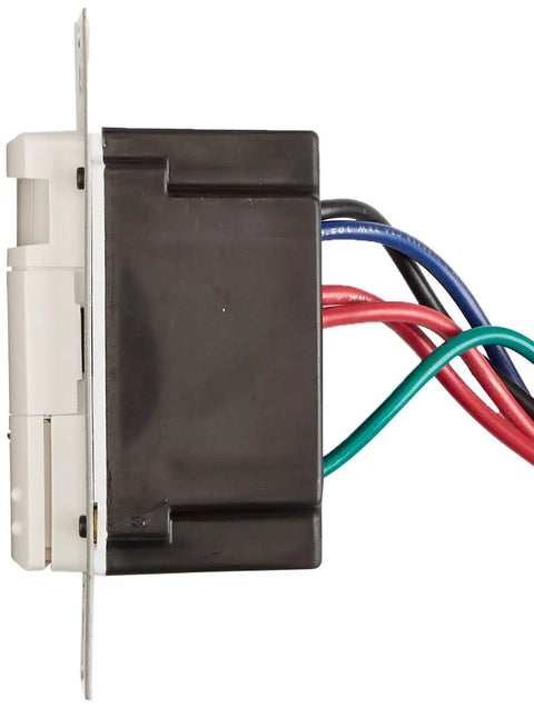Side view of Dual-Relay Decora Occupancy Sensor Wall Switch with multiple colored wires, designed for 2100 Sq Ft coverage.