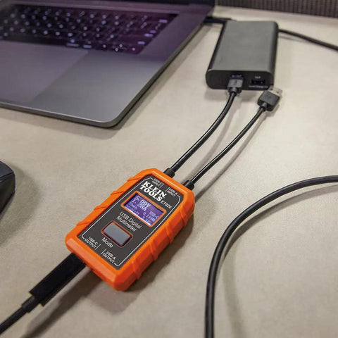USB Power Meter For USB A And USB C Digital Voltage, Current, Capacity, Energy And Resistance Tester in use with laptop