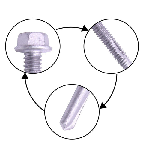 Close-up of zinc plated Hex Washer Head Self Drilling Tek Screws For Attaching Sheet Metal To Steel 12 To 24 Size features