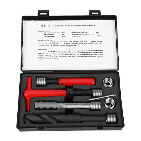 Heavy Duty Stainless Steel Thread Repair Kit With Twisted Drill And Wrench For Fixing Stripped Screws In Home Or Garage Projects Perfect For Any Tough DIY Job That Needs A Quick And Durable Fix Without Breaking The Bank., open case with red handles, M16x2 thread repair tools and inserts