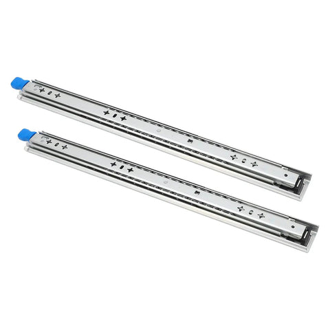 Heavy Duty Self Locking Drawer Slides 12 Inch Side Mount Extension Glides Featuring Triple Locking Mechanism with blue ends.