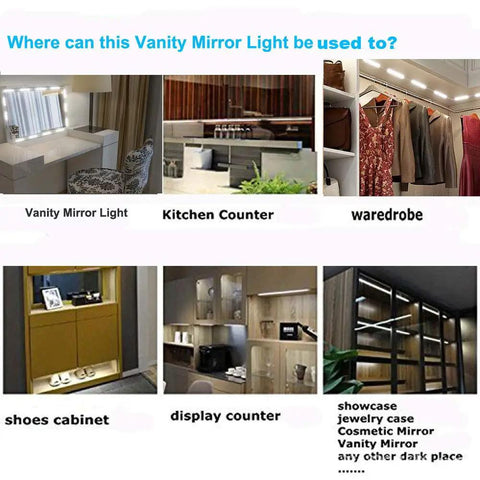Image showing various uses for Hollywood Style Vanity Makeup Lights 10 Foot Ultra Bright White LED Strip Dimmable With Touch Control.