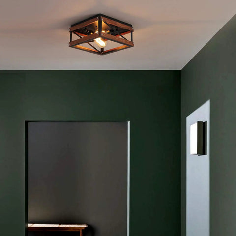 Rustic Farmhouse Two Light Flush Mount Ceiling Light In Black With Metal And Wood Square Frame For Hallway Bedroom Kitchen Entryway Industrial Vintage Style