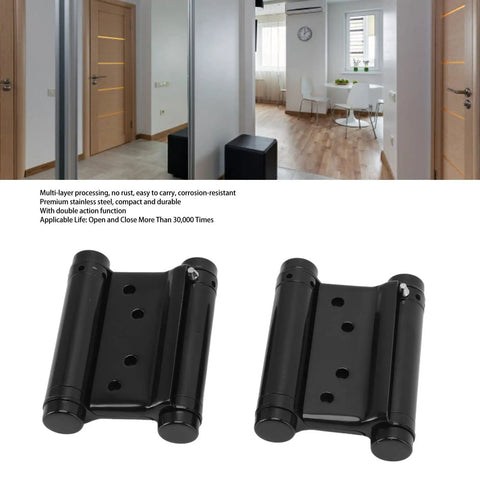 Two Way Self Closing Double Action Spring Hinge Black Stainless Steel With Screws for Café Saloon Doors, shown in a room setting.