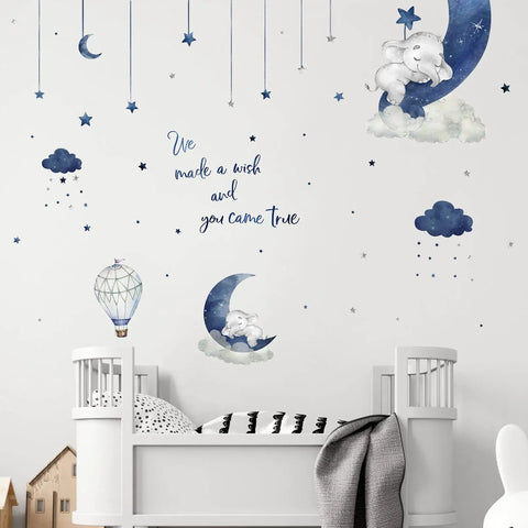 Watercolor Blue Grey Sleeping Elephant Wall Decals For Nursery And Kids Room With Moon Star Cloud Stickers And Hot Air Balloon Decor Kid Friendly Cozy Vibe Wall Art Perfect For Baby Showers Playrooms And Toddler Bedrooms.