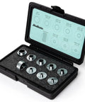 Hella Versatile 10 Piece Router Template Guide Bushing Set With Molded Carry Case displaying zinc plated bushings in organizer.
