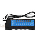 Ranch Ready Heavy Duty Electric Fence Voltage Tester highlighting eight bright neon readings from 600 to 7000 volts